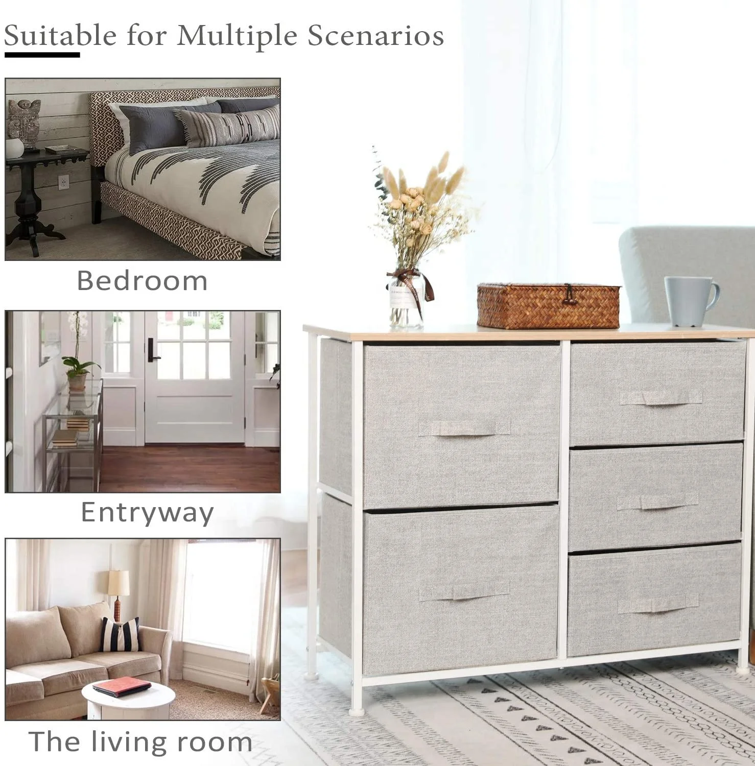 Steel frame New Deisegn Fabric Boxes 5 Drawers - Linen/Natural Design Vertical Dresser Storage Tower