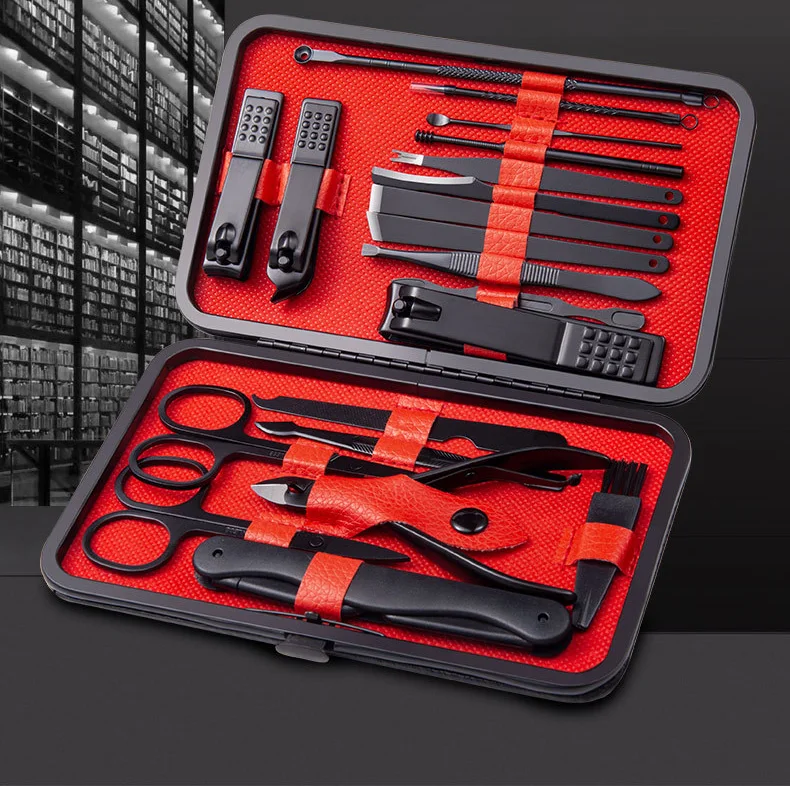 High Quality Luxury Black 18 pcs Manicure Set Stainless Steel Disposable Mens Manicure Set and Cutter nail Makeup Tool Sets