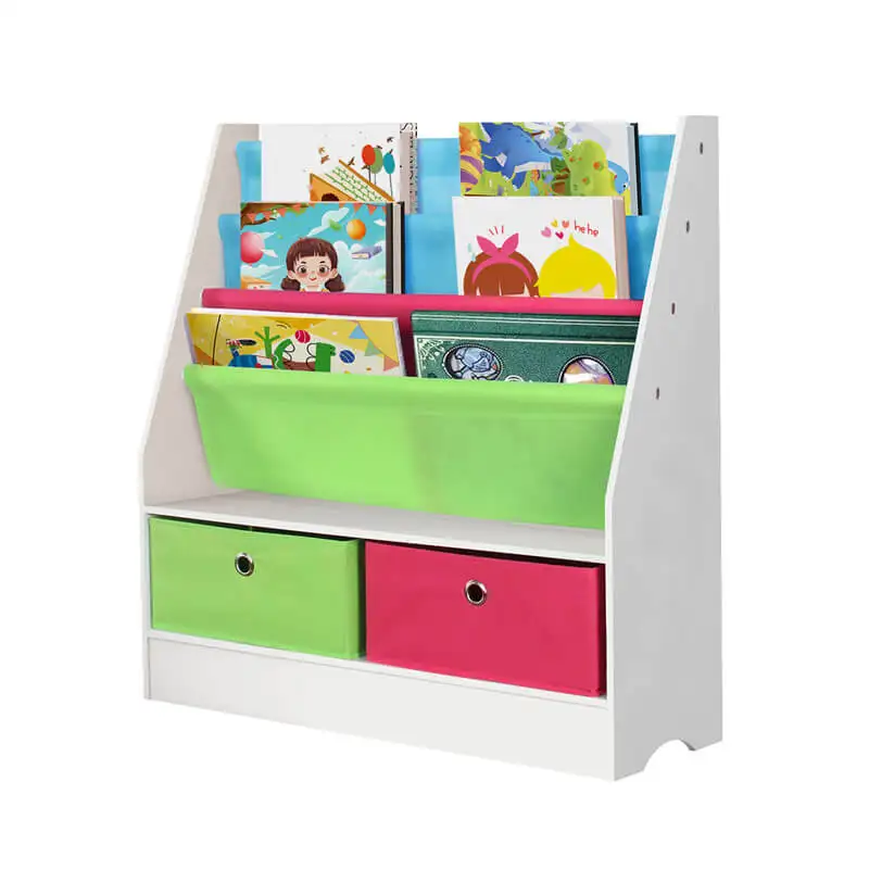 Exquisite US drop shipping retail comic book storage shelf with 2 fabric bins easy to built wood kids furniture bookcase