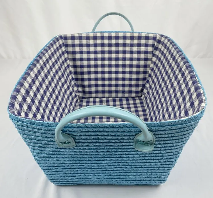 Home sundries storage cheap blue color neatening sewing pp straw basket with PU handles