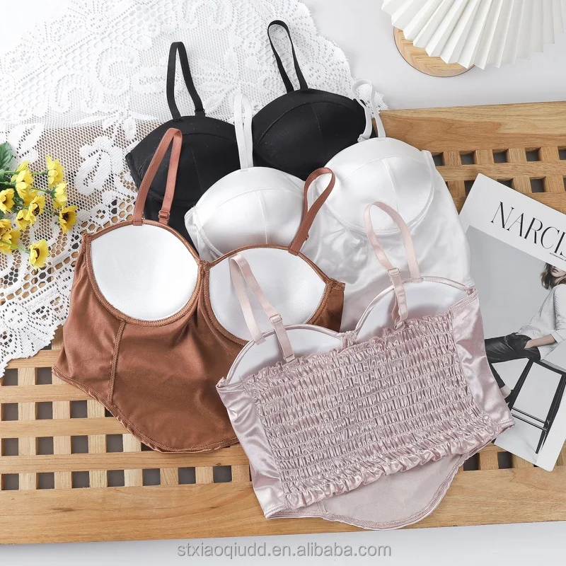 comfortable camisole hot style sexy wrap chest traceless bra Ice silk seamless pleated latex fixed cup sling tube top for women