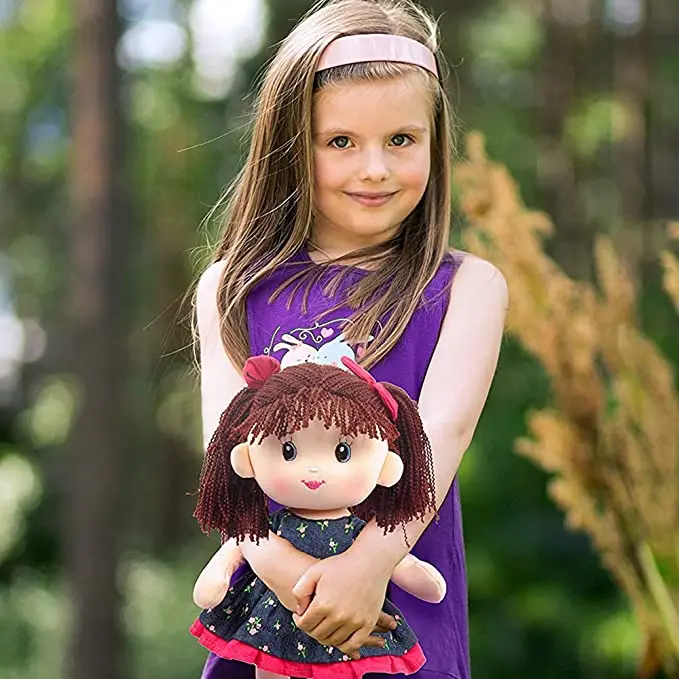 Custom Soft Plush Rag Doll with Navy Blue Dress and Printed Magenta Roses Rag Doll for Girls Infants and Babies