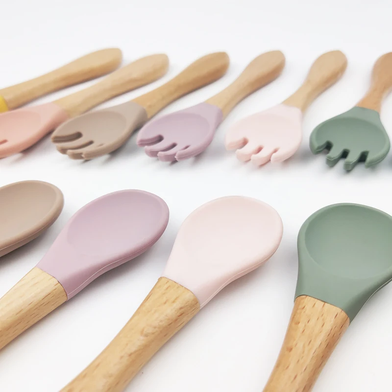 Amazon Hot Selling Bamboo Silicone Baby Training Spoon Fork Feeding for Kids