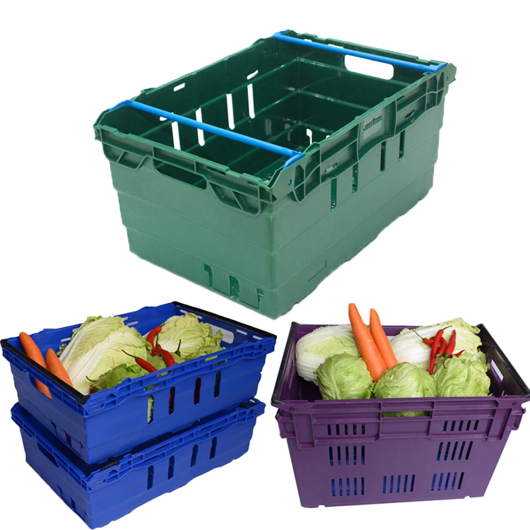 Stackable plastic boxes of fruits and vegetables for transporting mushrooms, grapes, etc. in supermarkets and farms