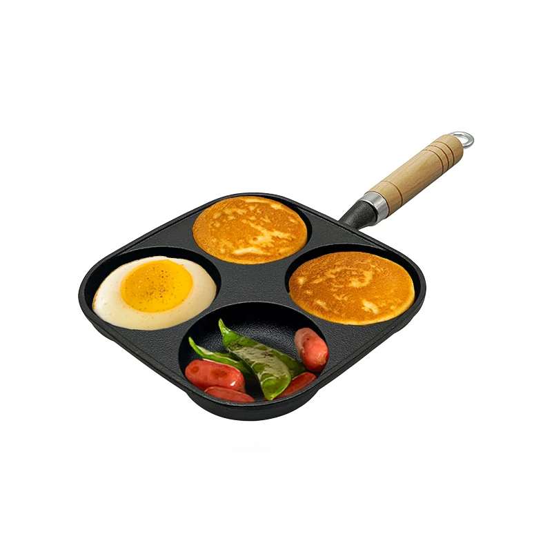 Cast Iron Non Stick  Square 4 In 1 Egg Frying Pan Removable Wooden Handle Pan Set Breakfast Frying Pan