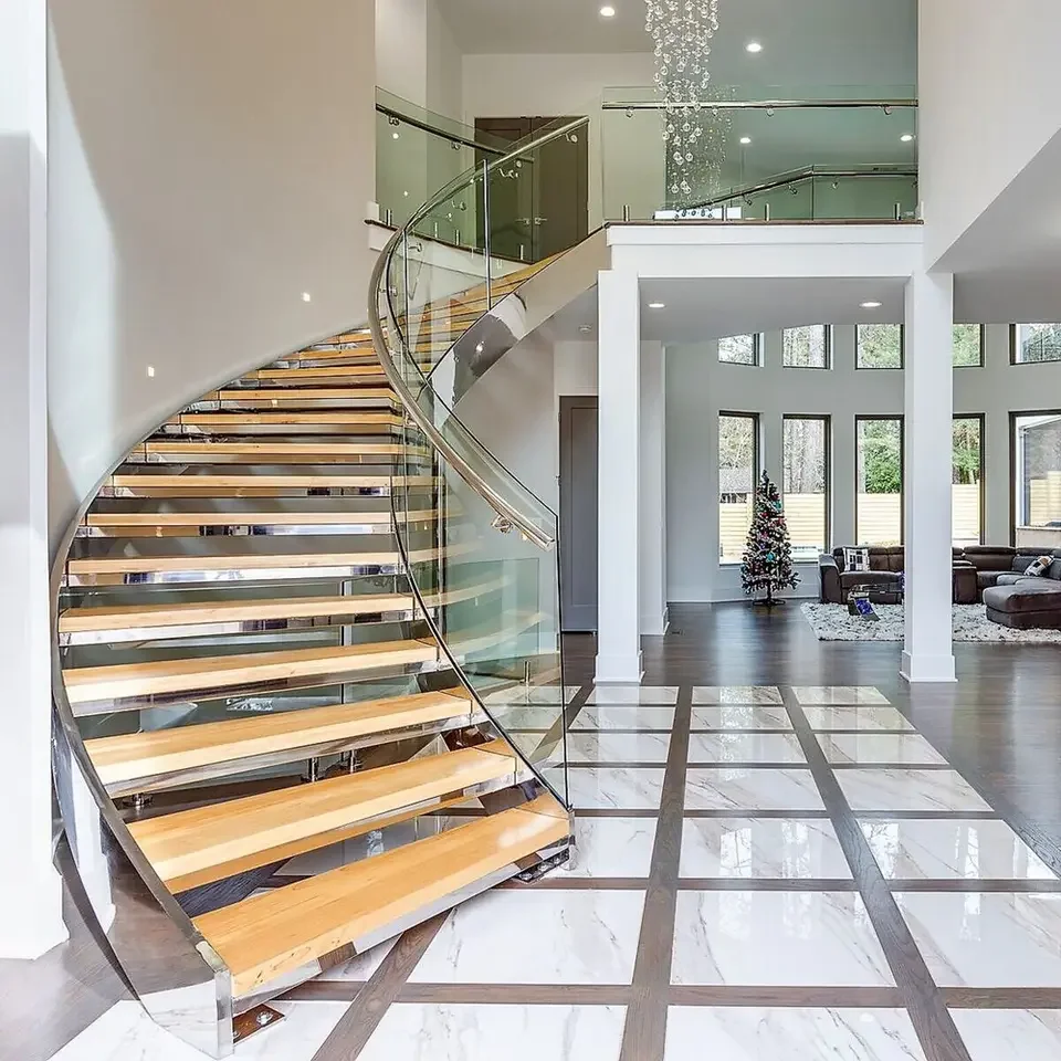 High Quality Modern Indoor Curved Staircase Laminated Interior Glass Spiral Stairs with Glass Railing