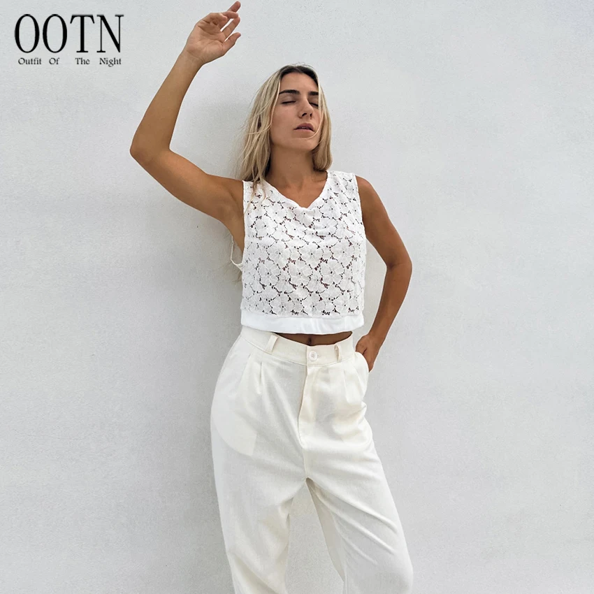 OOTN New Casual Fashion Lady Tops 2024 Summer Vest Women Elegant White Lace Tank Tops Short Sleeveless