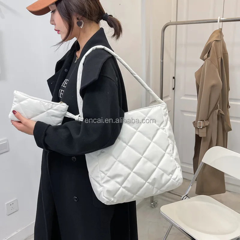 Quilted Tote Bags for Women Lightweight Quilted Padding Shoulder Bag Down Cotton Padded Large Tote Bags Lattice