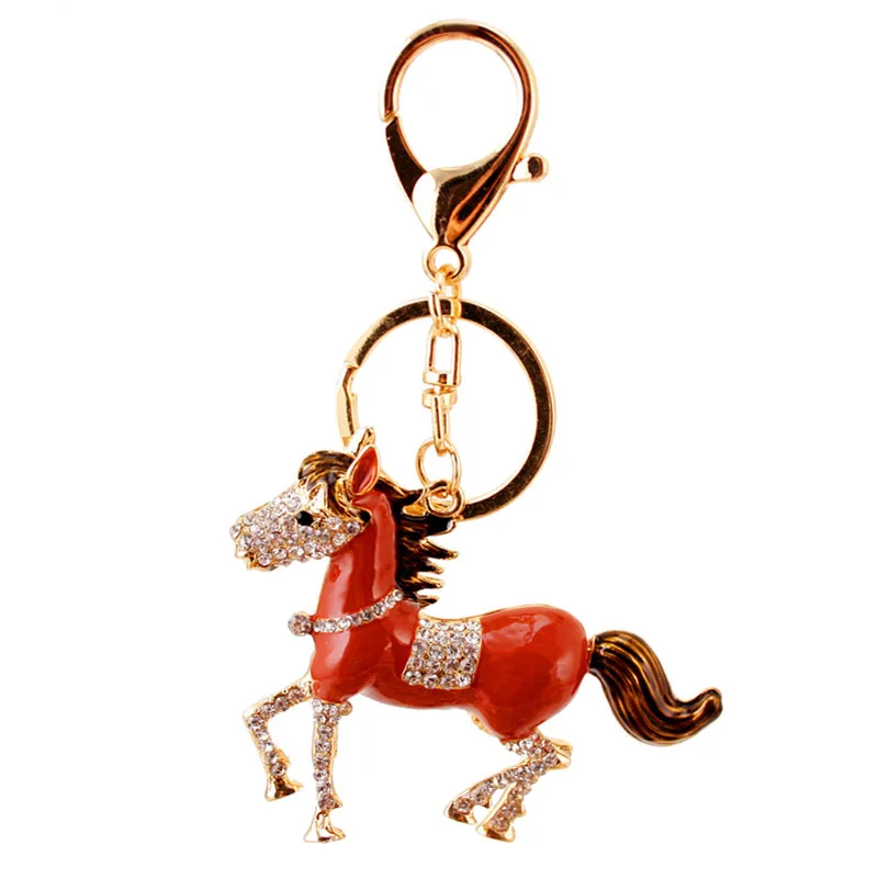 Bling zodiac horse keychain enamel red horse Metal Key chain Rhinestone keyring diamond lucky pendant crystal horseshoe keychain