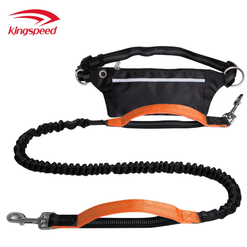 Heavy Duty Reflective Dual Padded Handle Bungee Hands Free Dog Leash for Running walking Jogging with Waterproof Waist Bag Pouch