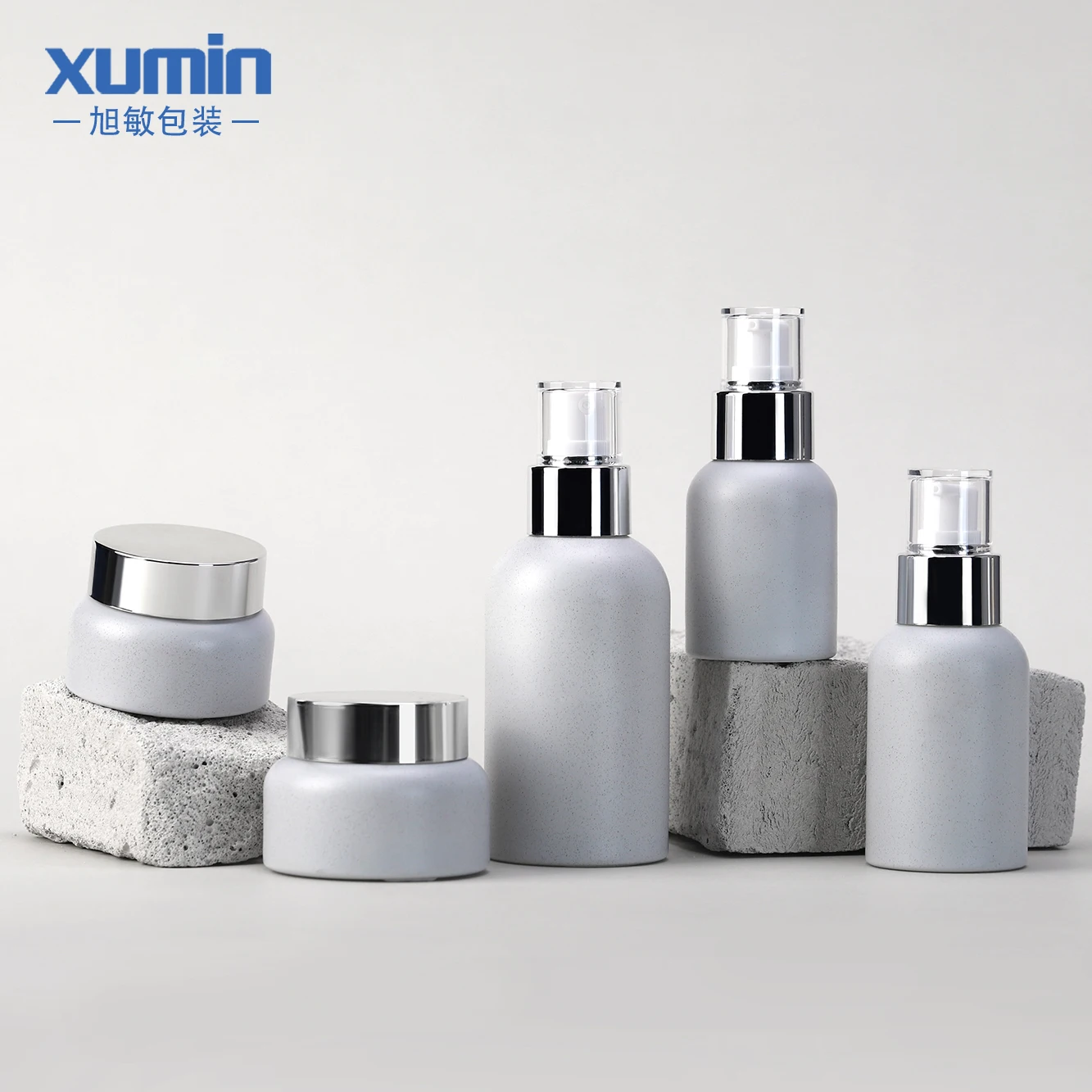 Custom gray glass cosmetic bottles and jars set with stone-like finish , available in 40ml 100ml and 120ml for wholesale