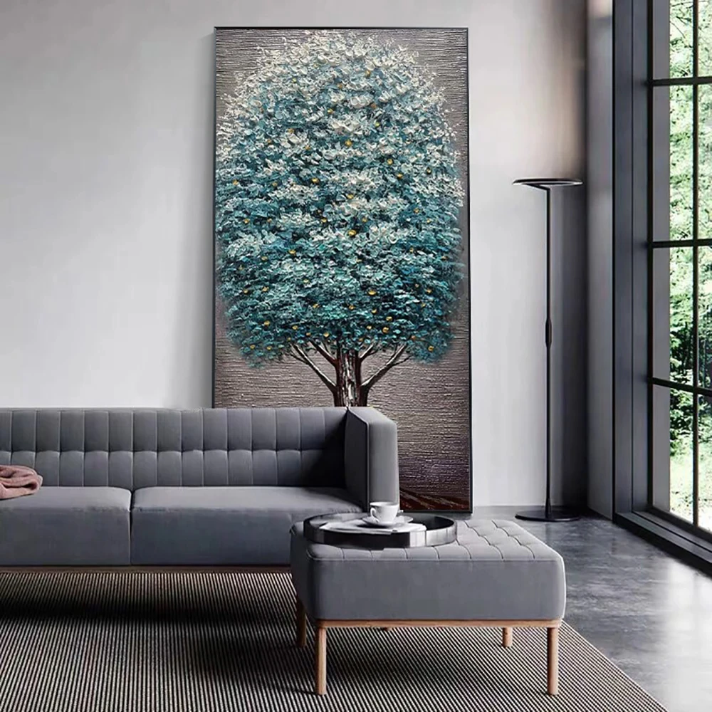 Modern Wall Art Handmade Abstract Thick structure Green Tree Oil Painting On Stretched Canvas Pictures for Home Decor
