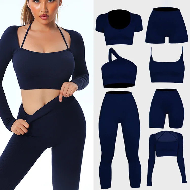 2022 New Arrivals High Waist Yoga Leggings Ribbed Seamless Yoga Set One Shoulder Sports Bra 7Piece Yoga Clothes Gym Fitness Sets