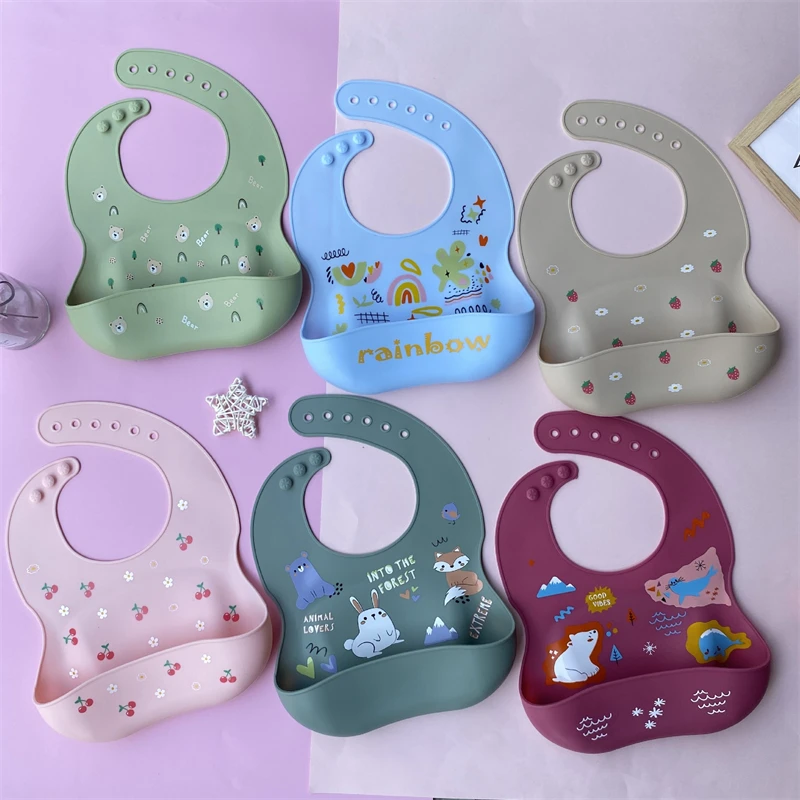 Customize Printed Pattern Baby Bibs Food Grade Silicone Waterproof Adjustable Sizes Baby Silicone Bib