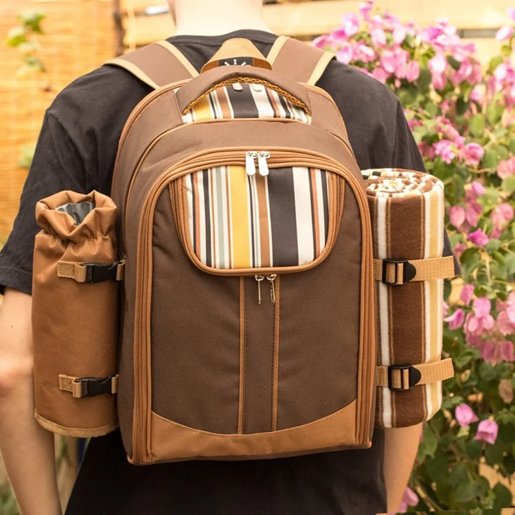 2 4 Persons Picnic Backpack Bag with Cooler Compartment Detachable Bottle Holder