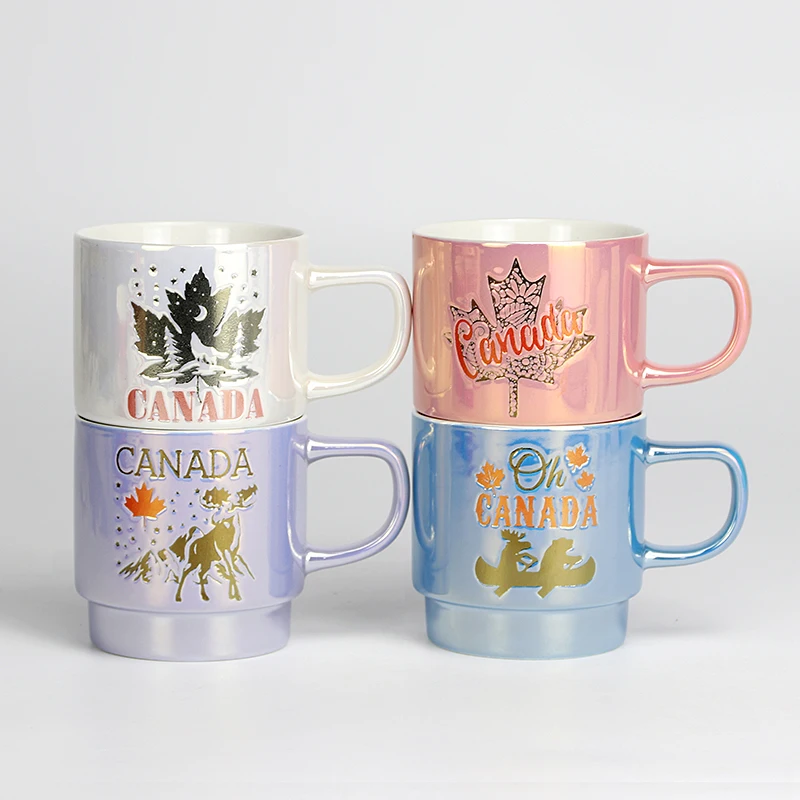 Custom Elegant Canadian Maple Leaf Pearl Glaze Silk Screen Stacking Cup Ceramic Premium Glossy Glaze Gift Coffee Mug