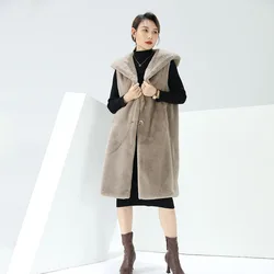 2022 fashion winter warm thick polyester khaki long faux rex rabbit fur women ladies sleeveless coats vest for hooded