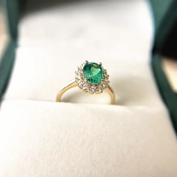 Roomy purity solid gold Jewelry classic diana design women ring 1ct  oval lab grown Colombian Emerald rings