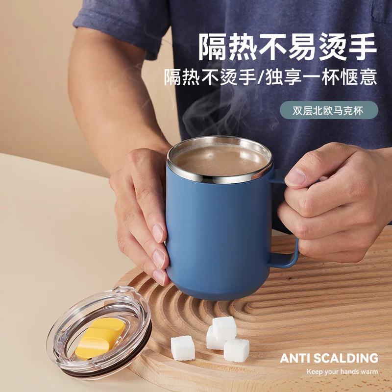 High-value stainless steel student insulation cup office double-layer insulation coffee cup with lid