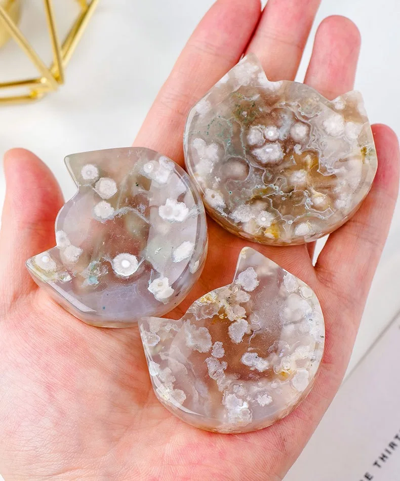 Natural crystal cherry blossom agate cat shape bowl polished gemstone round crystal bowl