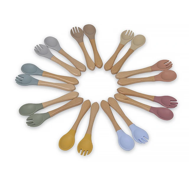 Food Grade BPA Free Non Toxic Easy to Clean Bamboo Wooden Silicone Baby Feeding Kids Children Fork Spoon Dishwasher Safe