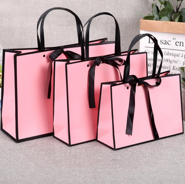 
Custom Logo White Gift Bag Pink Shopping Bag Black Paper Bag With Ribbon Closure 