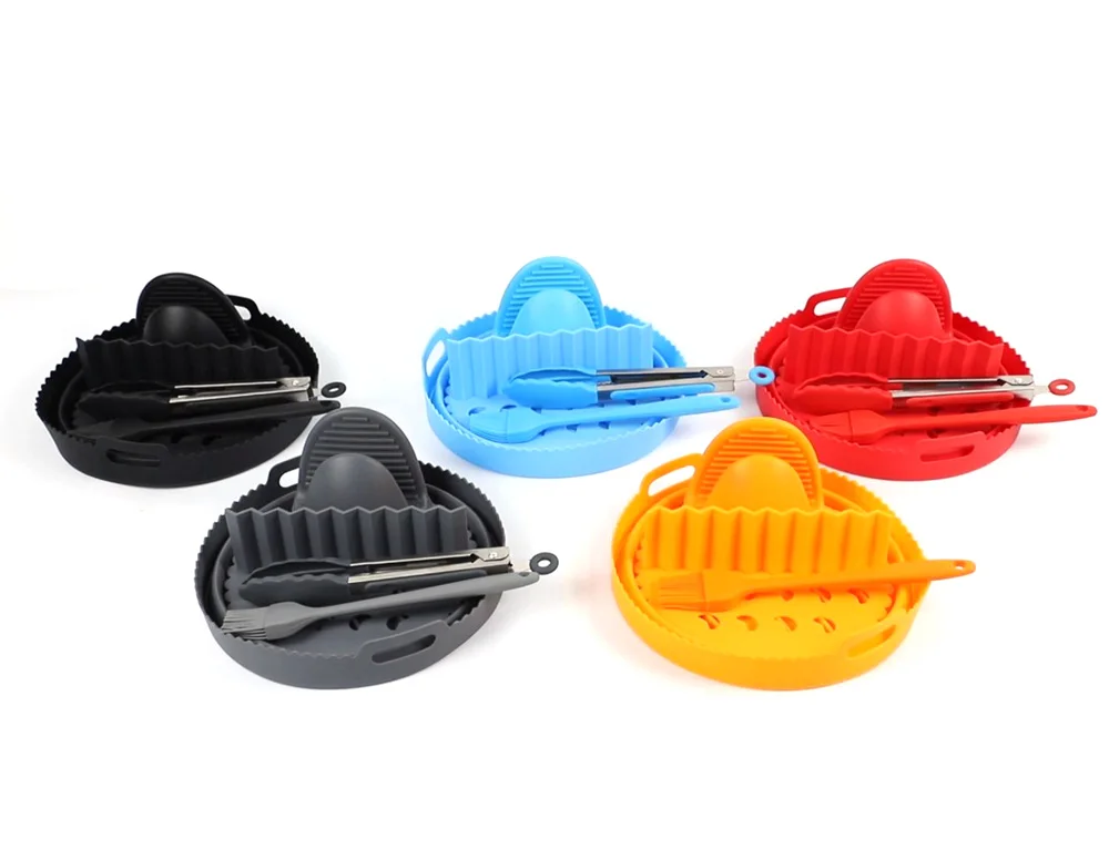 2023 New Air Fryer Reusable Folding Silicone Liner Pot with Divider Round / Square in Gift Box Package Custom Logo Available