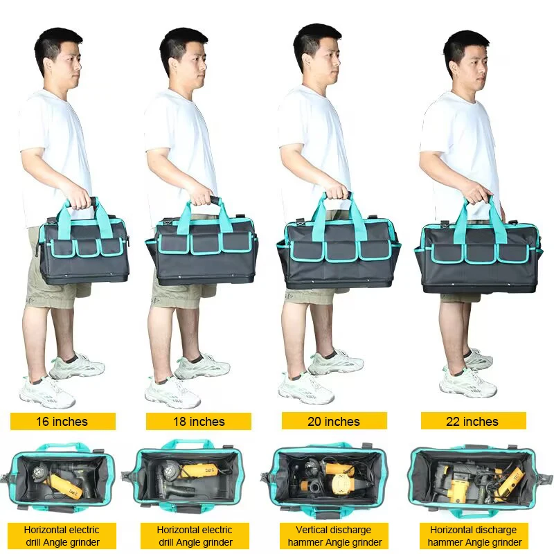 16 Pockets Tool Bag for Men with Waterproof Heavy Duty Wide Mouth Tool bag with plastic bottom