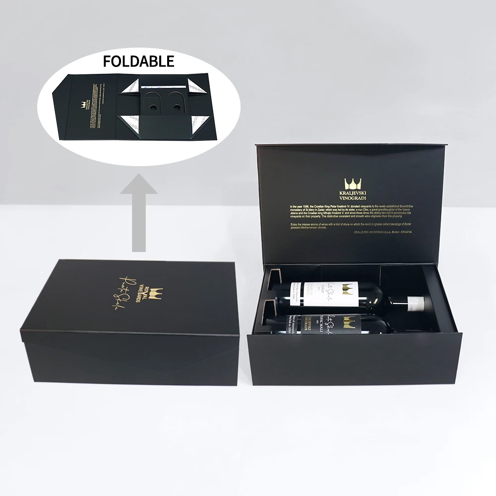 Custom logo black luxury magnetic folding wine paper box Recyclable foldable packing wine bottle packaging gift wine box