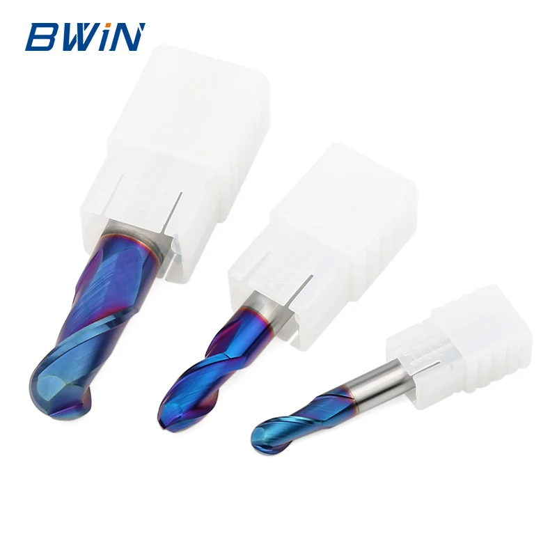 BWIN high quality naco coating 2 flute solid tungsten carbide ball nose endmill milling cutter hrc65