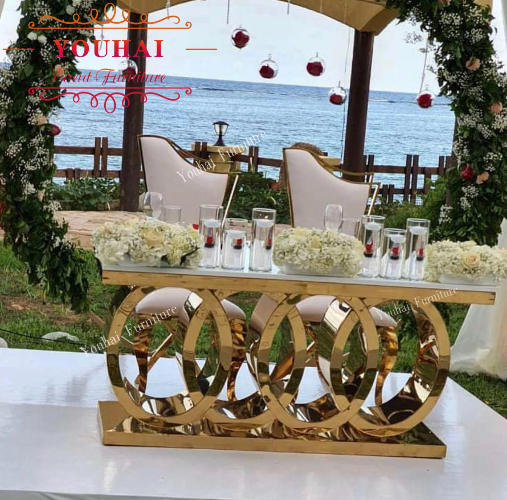 modern stainless steel base white glass top gold wedding event table