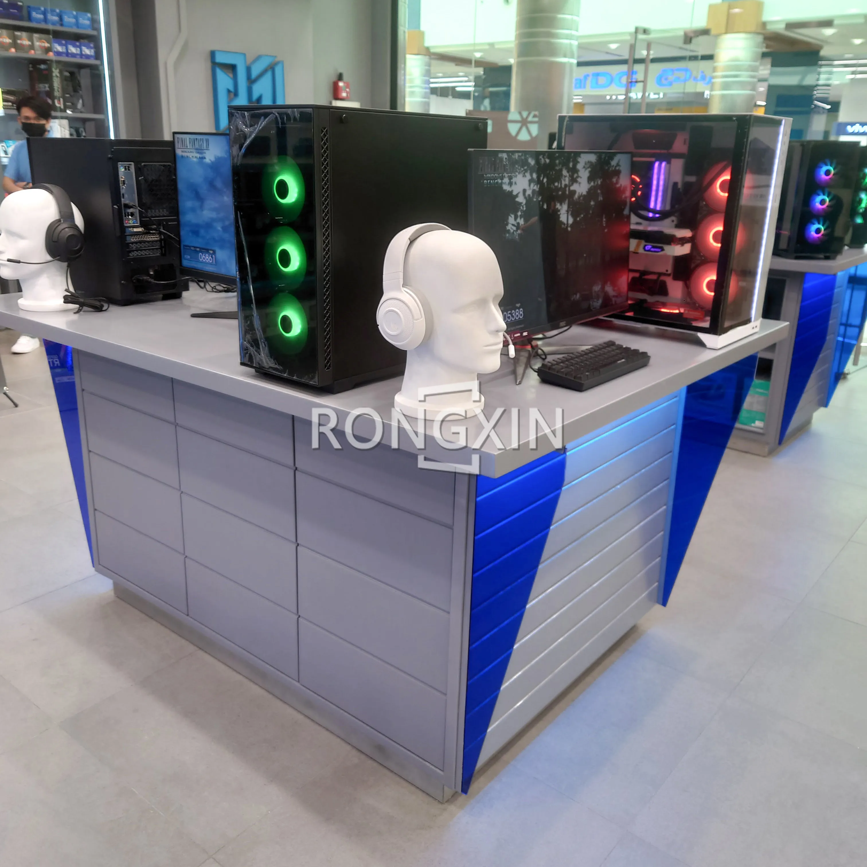 Custom Blue Led Lighting Phone Shop Furniture Trendy Electronics Display Counter Shelf Storage Mobile Phone Gondola