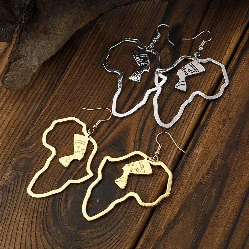 Earrings Gold Egyptian Queen Alloy Cutout Portrait Design Earrings African Map Ethnic Earrings