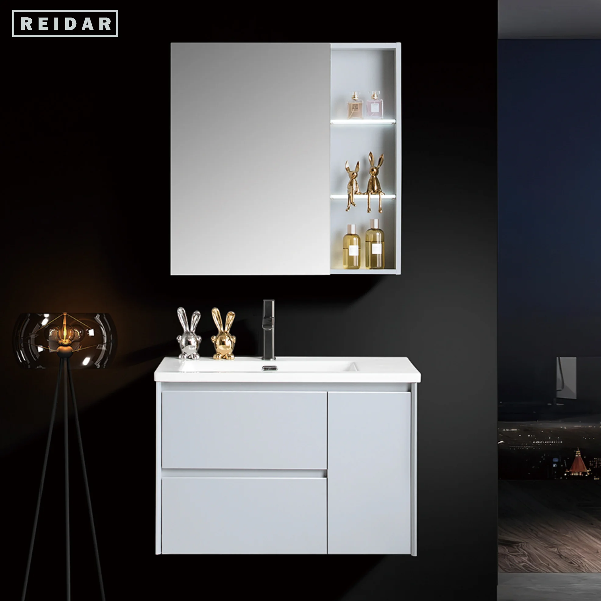 Light Luxury Single Basin Vanity Single Sink PVC Storage Bathroom Vanities With Countertop Hand Wash Basin With LED Mirror