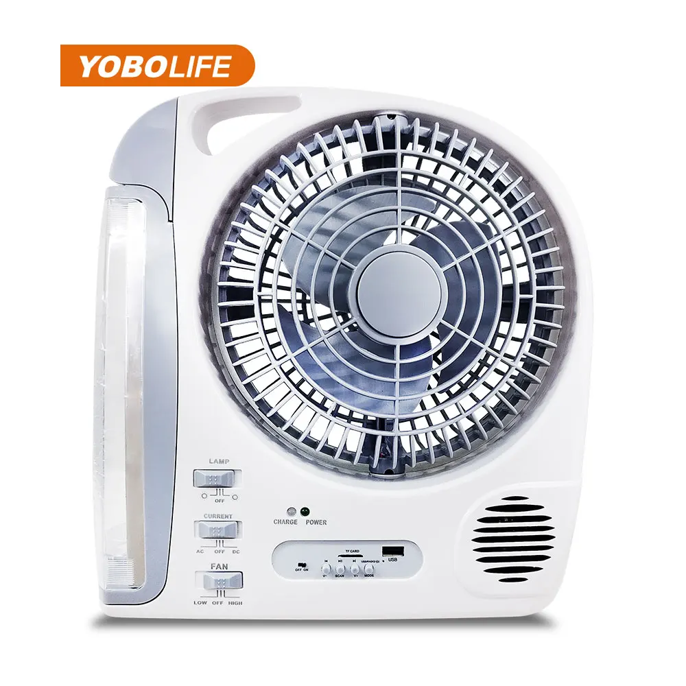 Small Outdoor 8 Inch Emergency Oscillating Rechargeable  Portable Solar Electric Fan FM Radio Speaker with Led Table lamp