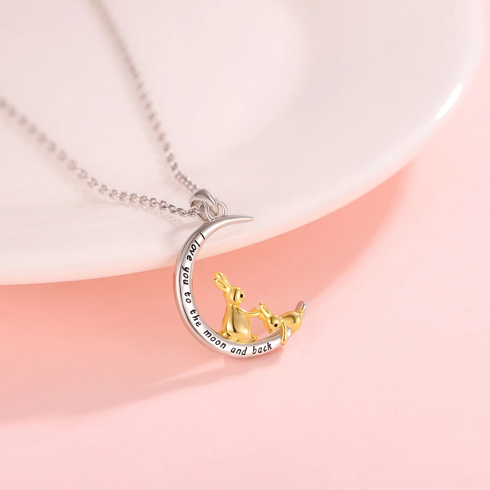 925 Sterling Silver I Love You to The Moon and Back Necklace Double Bunny Rabbit Necklace Jewelry Gifts for Women Mom Daughter