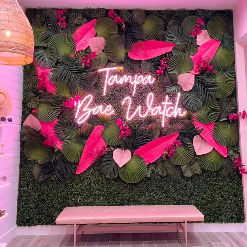 Custom LED Neon Sign for Wedding Flower Wall Acrylic Grass Flower Wall Backdrop Beauty Salon Decoration with Plug Power Supply