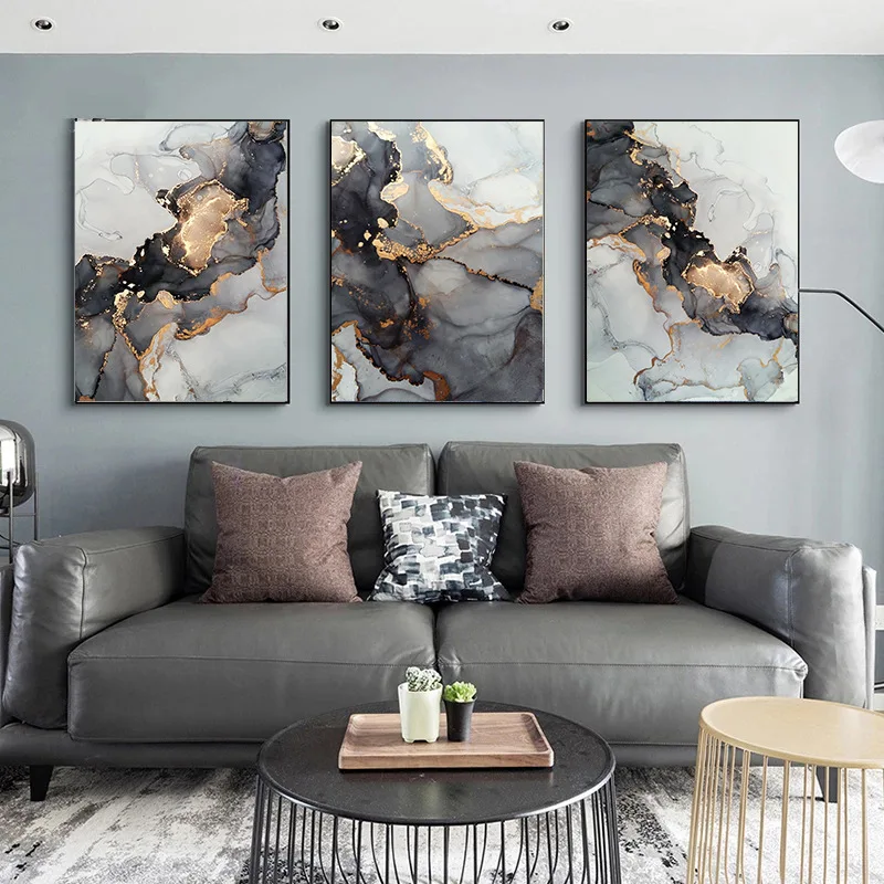 Modern Abstract Black Gold Marble Painting Fine Art Canvas Prints Pictures For Living Room Luxury Wall Art Decor