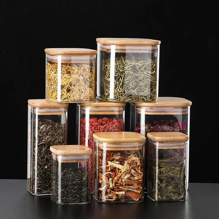 Square Glass Jars With Bamboo Lids Reusable Food Storage Containers For Kitchen Use