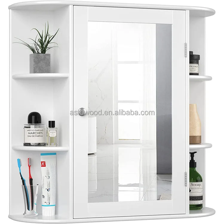 Bathroom Mirror Cabinet, Single Door Wall Mounted Storage Cupboard with Adjustable Shelves White Color