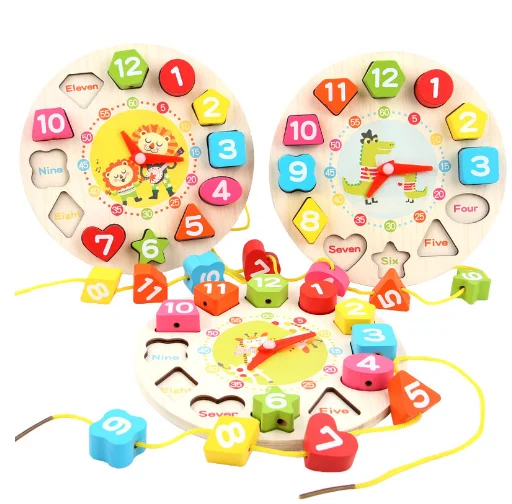 Geometry wooden teaching Clock Puzzles Gadgets Matching Clock Toy For Children Cartoon Animal Educational Wooden Beaded toy