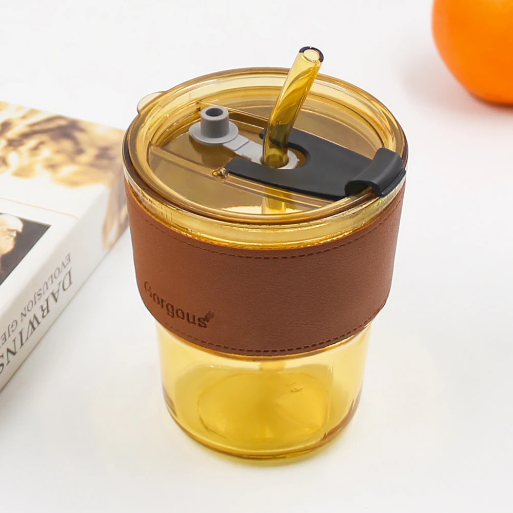 Vintage Bamboo Design Mug Thicken Tea Coffee Dome Amber Water Glass Cup with Lid Straw and Cup Sleeve