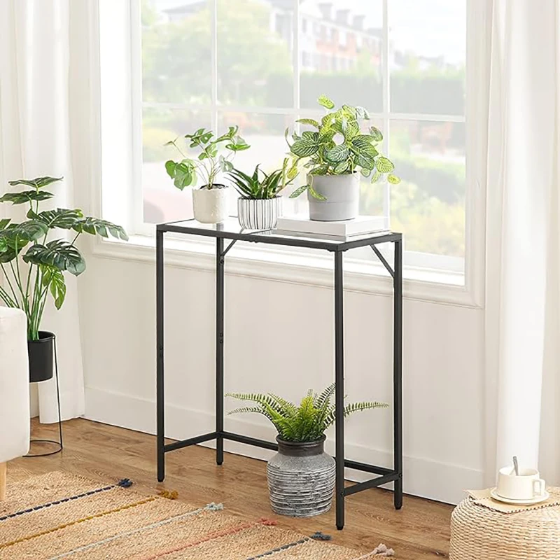 Modern Luxury Black Metal Frame Tempered Glass Console Table Narrow Sofa Side Table for Entrance, Living Room, Hallway
