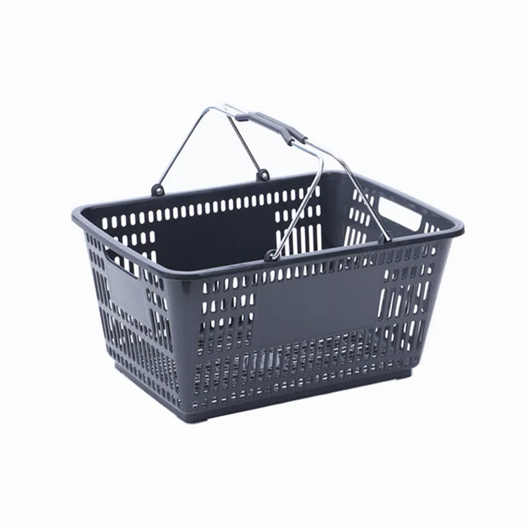 Manufacturer hot sale China cheap Licai 28L supermarket and store plastic shopping basket with double metal handles for sale