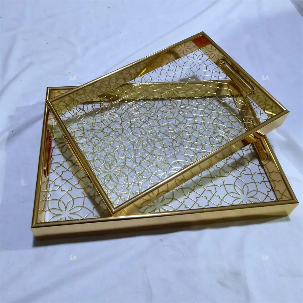 Luxury gold leaves unique design set of 2  matching glass home decorative tray serving tray