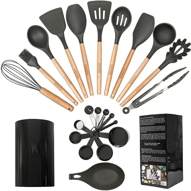  Durable heat resistance 23 piece wooden and silicone cooking kitchen utensils set with