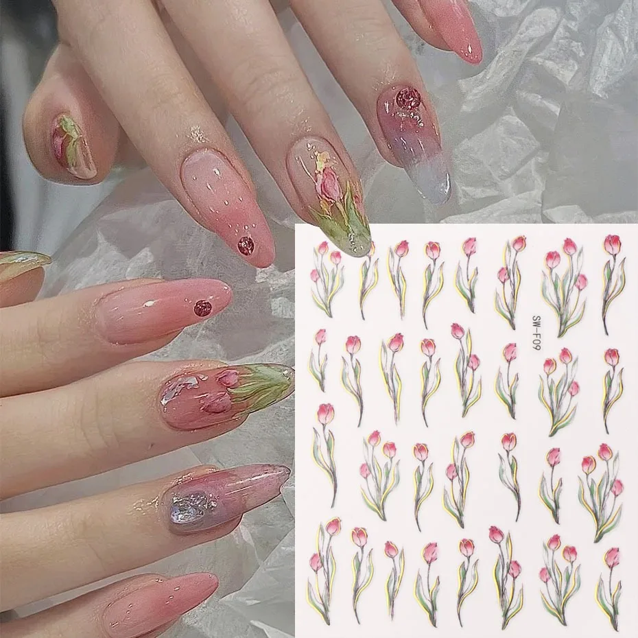 Spring Tulip Manicure Sticker Pink Oil Painting Style Tulip Flower Adhesive Waterproof Nail Sticker