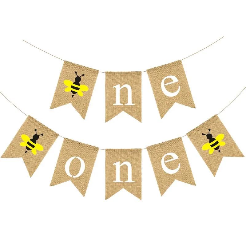 Jute Burlap Bee Themed One Highchair Hessian Banner Baby 1st Birthday Party Rustic Bunting Banner ONE Banner with Bee CUstomized