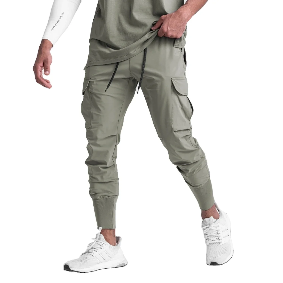 Wholesale Custom Logo zipper  pockets   joggers  Nylon Spandex Stretch Grey Cargo Running   Pants  joggers for men