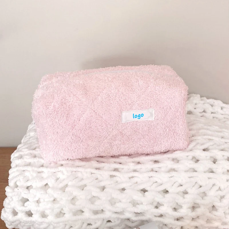 Custom Size Eco Friendly Terry Cloth Towel Women travel cosmetic bag Pink Quilting Terry Cotton Makeup Pouch
